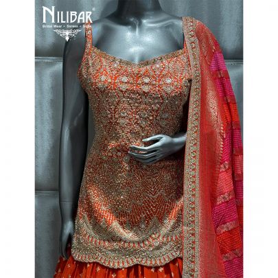 Orange Organza Embroidered Lehenga