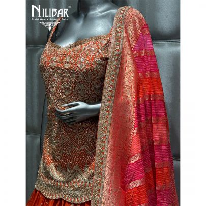 Orange Organza Embroidered Lehenga