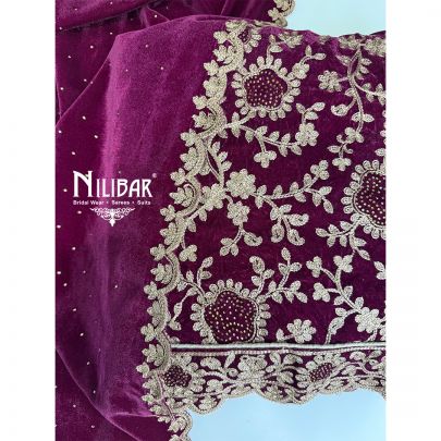 Wine Velvet Embroidered Unstitched Suit