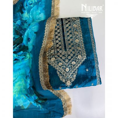 Blue Velvet Embroidered Unstitched Suit