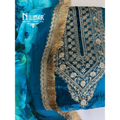 Blue Velvet Embroidered Unstitched Suit