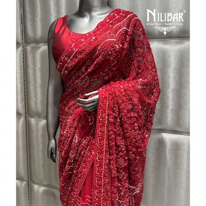 Red Net Saree