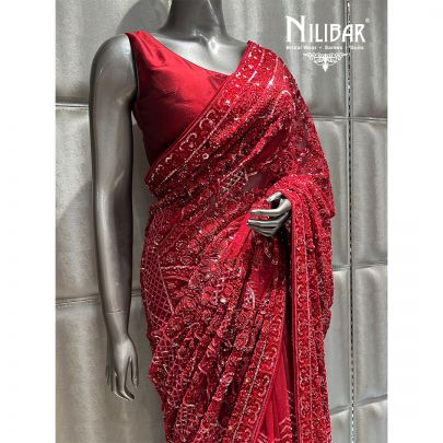 Red Net Saree
