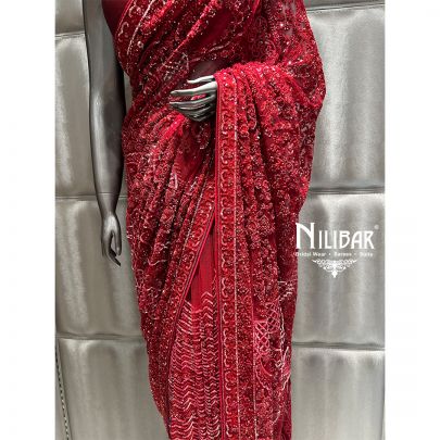 Red Net Saree