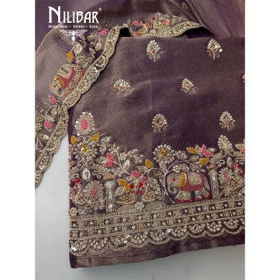 Purple Lamé Tissue Embroidered Unstitched Suit