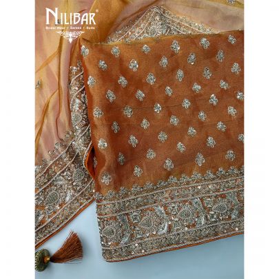 Orange Lamé Tissue Embroidered Unstitched Suit