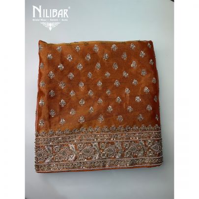 Orange Lamé Tissue Embroidered Unstitched Suit