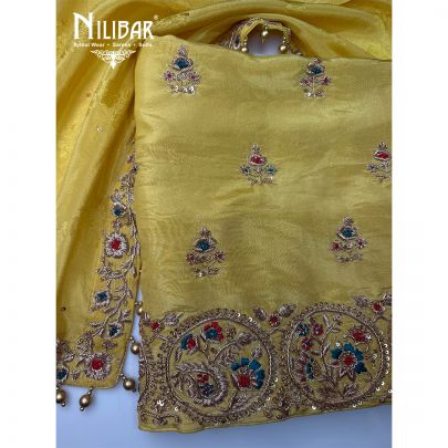 Yellow Lamé Tissue Embroidered Unstitched Suit