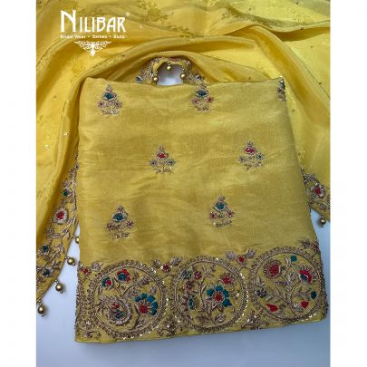 Yellow Lamé Tissue Embroidered Unstitched Suit