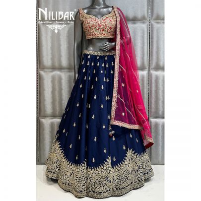 Blue and Majenta Silk Lehnga With Net Dupatta