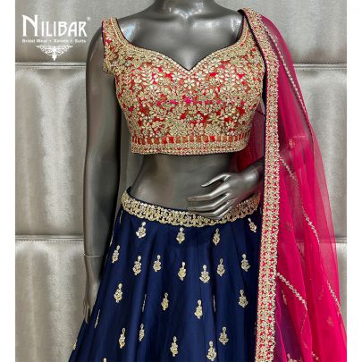 Blue and Majenta Silk Lehnga With Net Dupatta
