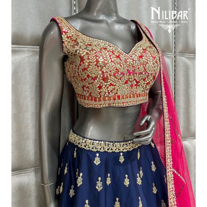Blue and Majenta Silk Lehnga With Net Dupatta