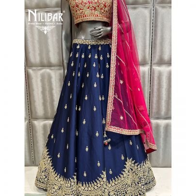 Blue and Majenta Silk Lehnga With Net Dupatta
