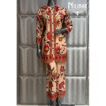 Beige and Red Muslin Short Shirt Paired With Pants
