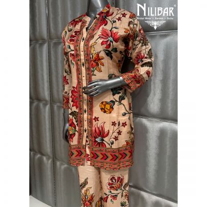 Beige and Red Muslin Short Shirt Paired With Pants