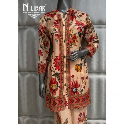 Beige and Red Muslin Short Shirt Paired With Pants