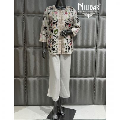 White Silk Top Paired With Crepe Pants