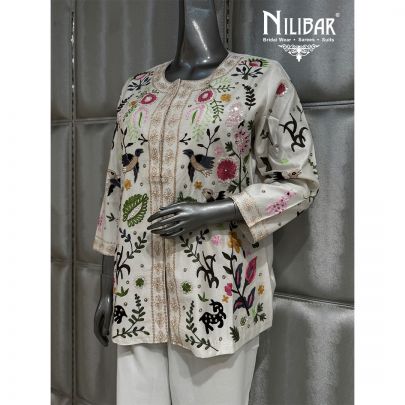 White Silk Top Paired With Crepe Pants