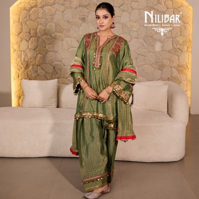 Sage Green Tissue Embroidered Mid Length Shirt Paired With Farshi Salwar & Dupatta