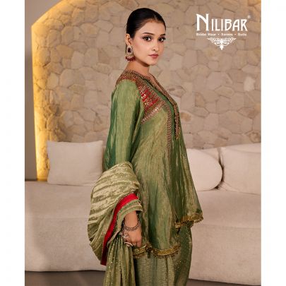 Sage Green Tissue Embroidered Mid Length Shirt Paired With Farshi Salwar & Dupatta