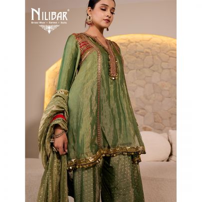 Sage Green Tissue Embroidered Mid Length Shirt Paired With Farshi Salwar & Dupatta