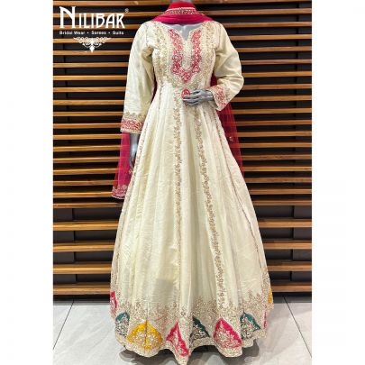 Cream Silk Anarkali Suit With Net Dupatta