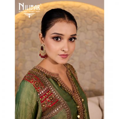 Sage Green Tissue Embroidered Mid Length Shirt Paired With Farshi Salwar & Dupatta