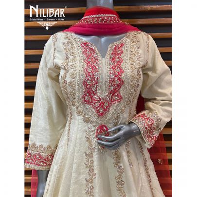 Cream Silk Anarkali Suit With Net Dupatta