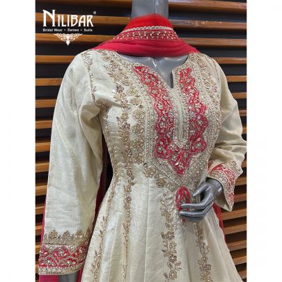 Cream Silk Anarkali Suit With Net Dupatta