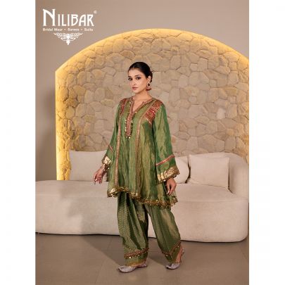 Sage Green Tissue Embroidered Mid Length Shirt Paired With Farshi Salwar & Dupatta