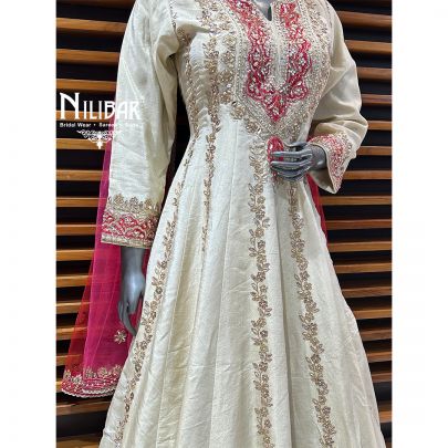 Cream Silk Anarkali Suit With Net Dupatta