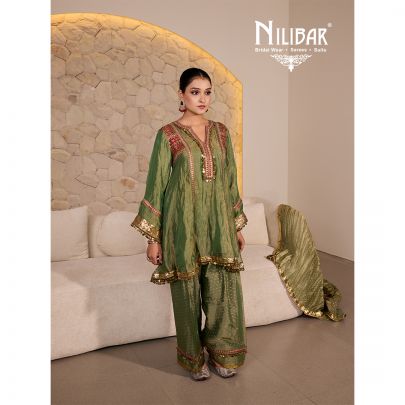 Sage Green Tissue Embroidered Mid Length Shirt Paired With Farshi Salwar & Dupatta