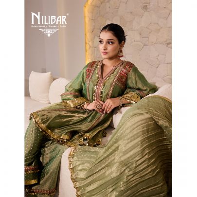 Sage Green Tissue Embroidered Mid Length Shirt Paired With Farshi Salwar & Dupatta