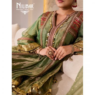 Sage Green Tissue Embroidered Mid Length Shirt Paired With Farshi Salwar & Dupatta