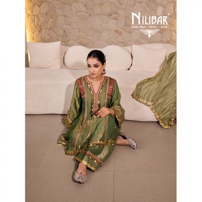 Sage Green Tissue Embroidered Mid Length Shirt Paired With Farshi Salwar & Dupatta