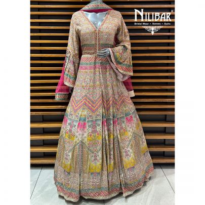 Multicolor Crepe Printed Anarkali Suit With Net Dupatta