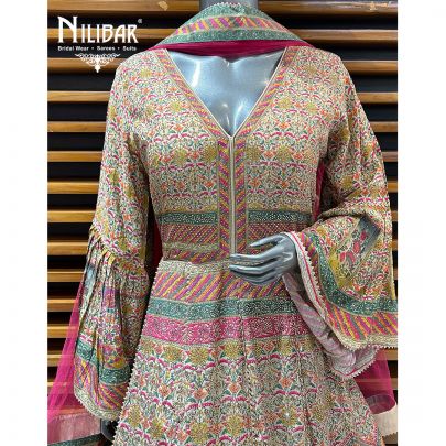 Multicolor Crepe Printed Anarkali Suit With Net Dupatta
