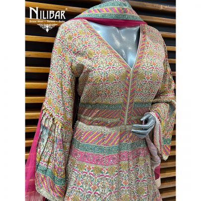 Multicolor Crepe Printed Anarkali Suit With Net Dupatta