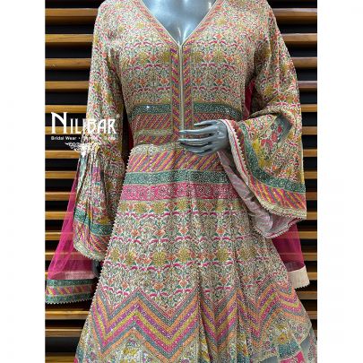 Multicolor Crepe Printed Anarkali Suit With Net Dupatta