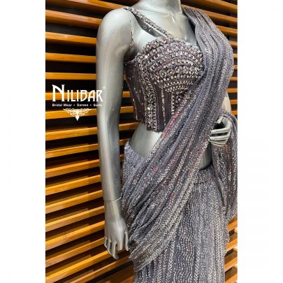 Grey Net Drape Saree