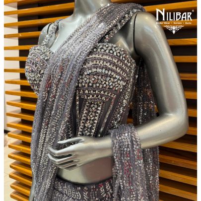 Grey Net Drape Saree