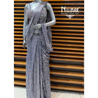 Grey Net Drape Saree