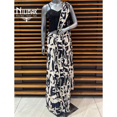 Black & White Crepe Printed Drape Saree