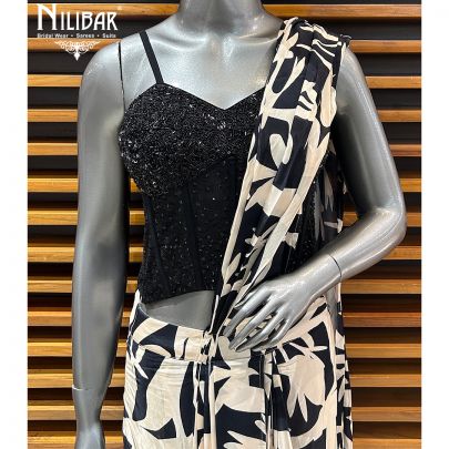 Black & White Crepe Printed Drape Saree