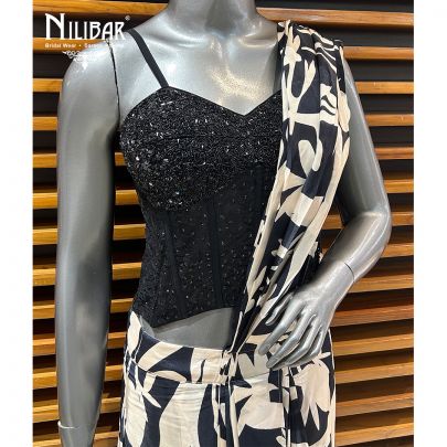 Black & White Crepe Printed Drape Saree