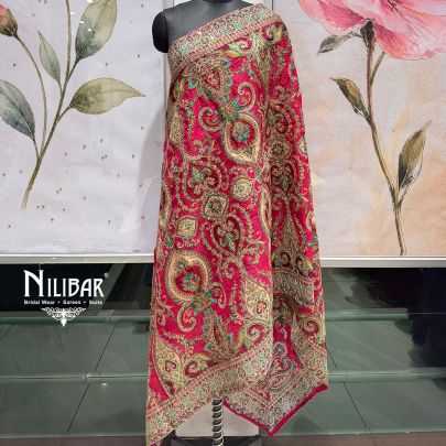 Rani Pink, Gold & Green Silk Heavy Embroidered Dupatta