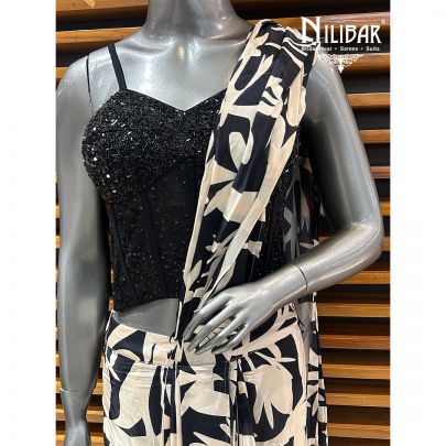 Black & White Crepe Printed Drape Saree