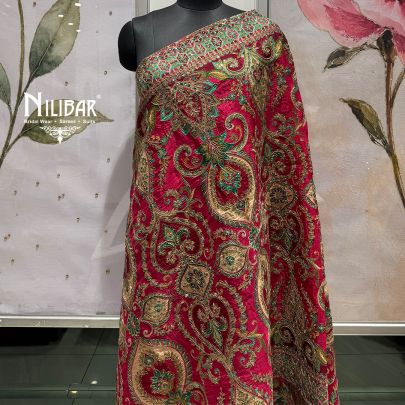 Rani Pink, Gold & Green Silk Heavy Embroidered Dupatta