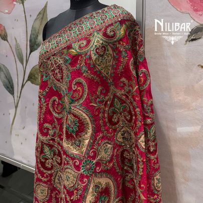 Rani Pink, Gold & Green Silk Heavy Embroidered Dupatta
