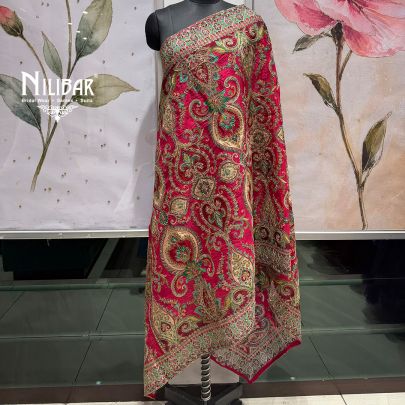 Rani Pink, Gold & Green Silk Heavy Embroidered Dupatta